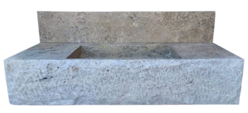 silver travertine wall mount sink W20xL48xH8 honed with 8 backsplash front view2