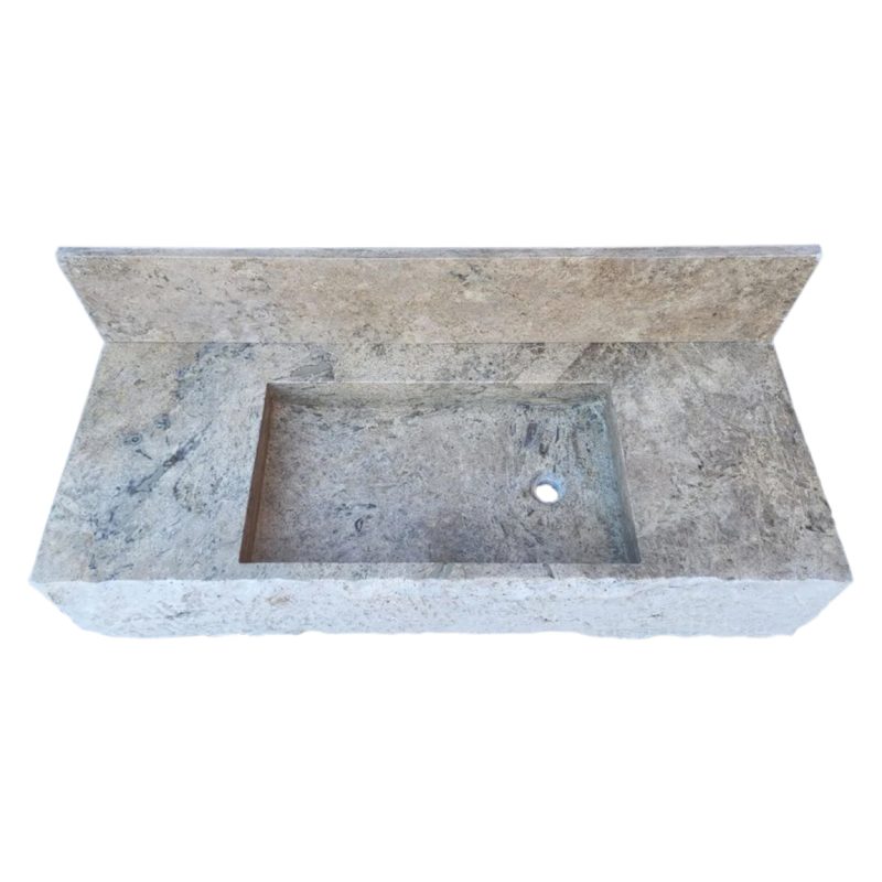 silver travertine wall mount sink W20xL48xH8 honed with 8 backsplash top angle view