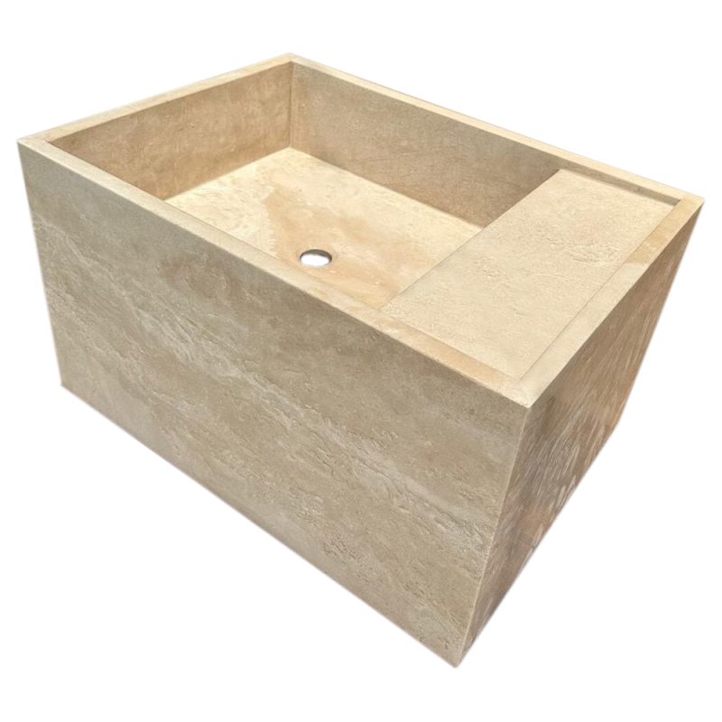 troia light travertine wall mount sink W17xL24xH14 honed filled angle view