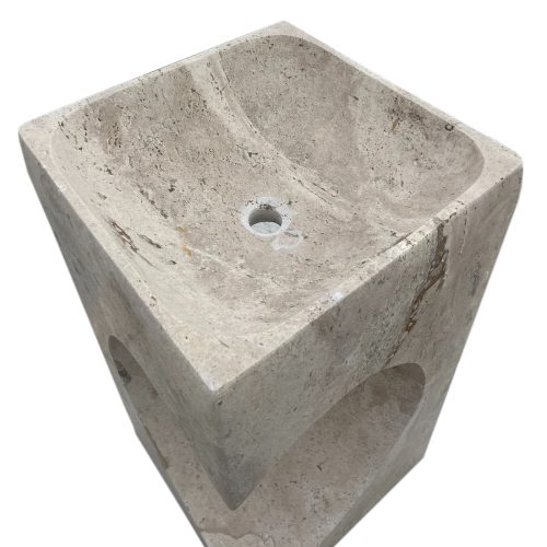 walnut travertine designer pedestal W18xL18xH33 honed filled heart shape in middle top angle view