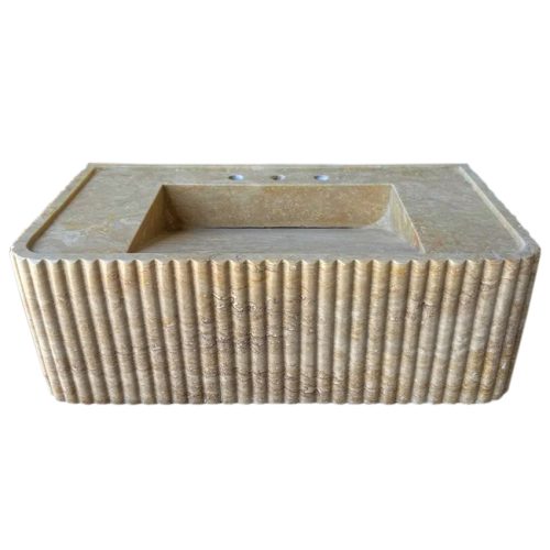 walnut travertine wall mount sink W16xL32xH10 honed filled fluted front view