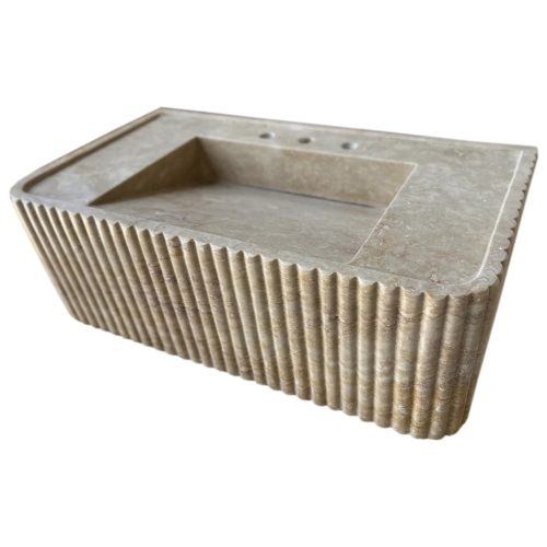 walnut travertine wall mount sink W16xL32xH10 honed filled fluted profile view2