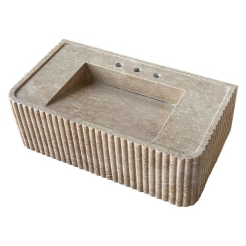 walnut travertine wall mount sink W16xL32xH10 honed filled fluted top angle view