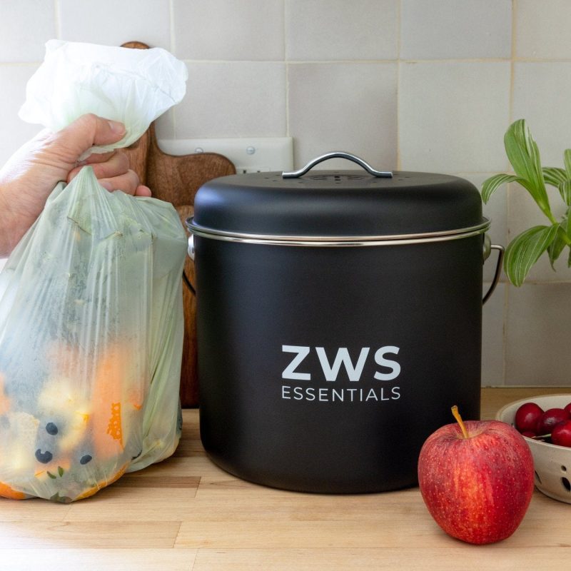 zws essentials black countertop compost bin stainless steel kitchen compost bin 6 5 liter plastic free 34412329402479